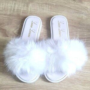 Lauren Lorraine Fluffy White Sandals Women’s Size 6 | Faux Fur Slide Slippers